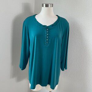Susan Graver Womens Plus 1X Teal Button Front Top Stretch Liquid Knit Shirt